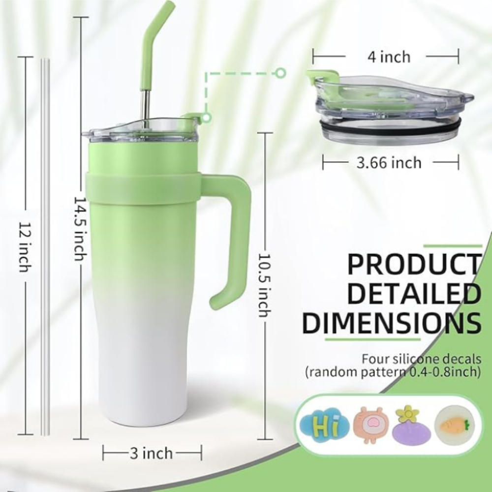 Shining Green Insulated Tumbler with Handle & Straw – Leak-Proof 1.18L Style Travel Cup for Iced Coffee, Water & Smoothies