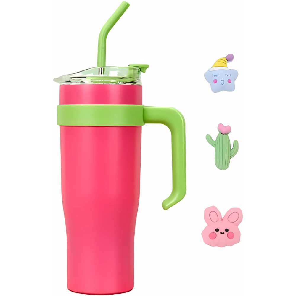 Mulberry Pink Insulated Tumbler with Handle & Straw 1.18L – Cute Sticker Travel Cup for Iced Coffee, Water & Smoothies