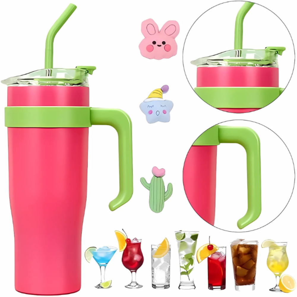 Mulberry Pink Insulated Tumbler with Handle & Straw 1.18L – Cute Sticker Travel Cup for Iced Coffee, Water & Smoothies