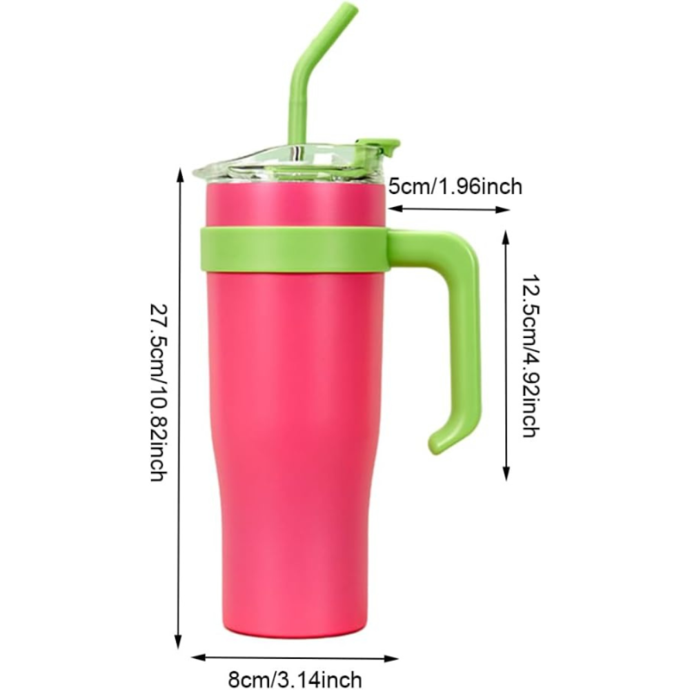 Mulberry Pink Insulated Tumbler with Handle & Straw 1.18L – Cute Sticker Travel Cup for Iced Coffee, Water & Smoothies