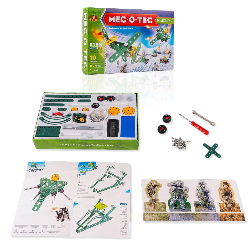 Mec-O-Tec Military 2 Metal Construction Set – STEM Building Kit with 130 Pieces, 10 Models DIY Engineering Toy for Kids