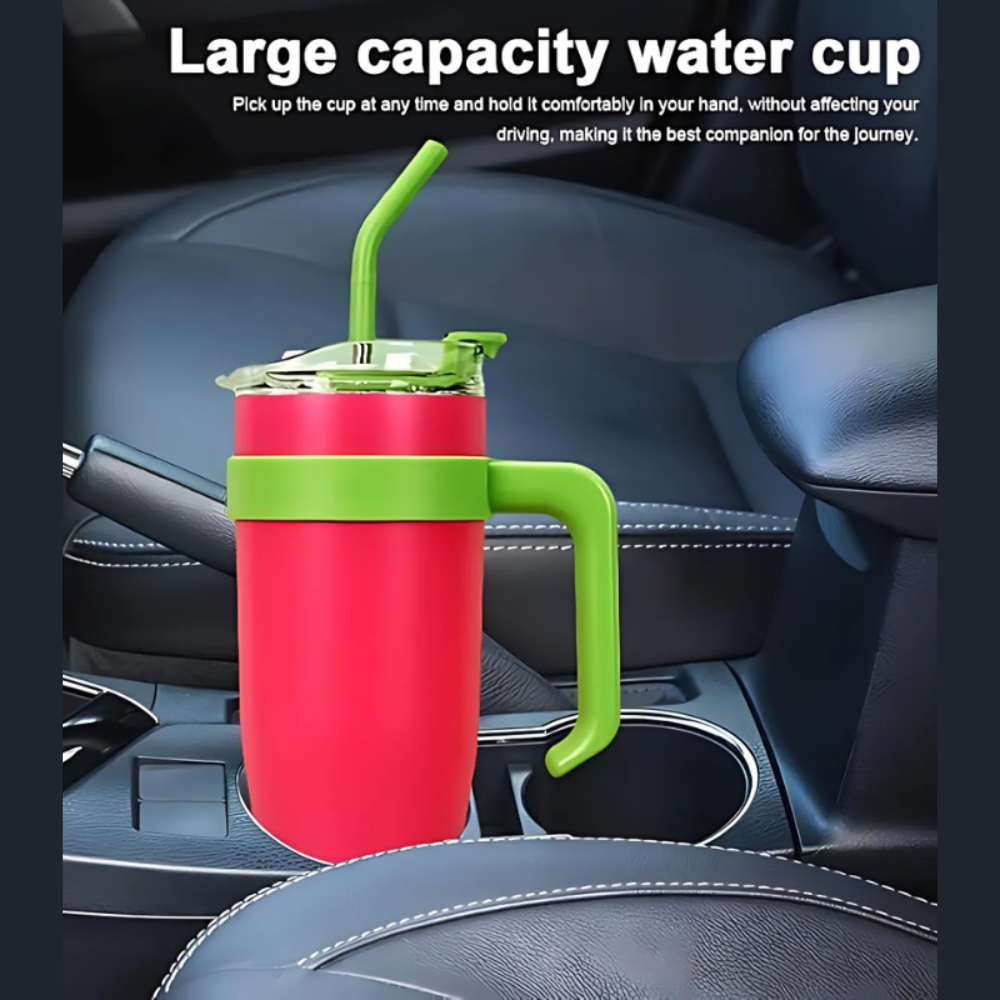 Mulberry Pink Insulated Tumbler with Handle & Straw 1.18L – Cute Sticker Travel Cup for Iced Coffee, Water & Smoothies