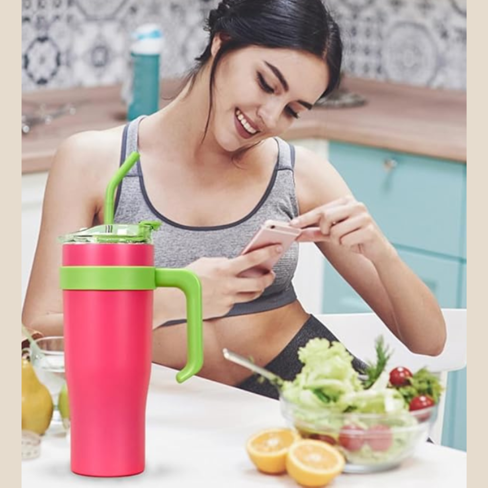Mulberry Pink Insulated Tumbler with Handle & Straw 1.18L – Cute Sticker Travel Cup for Iced Coffee, Water & Smoothies