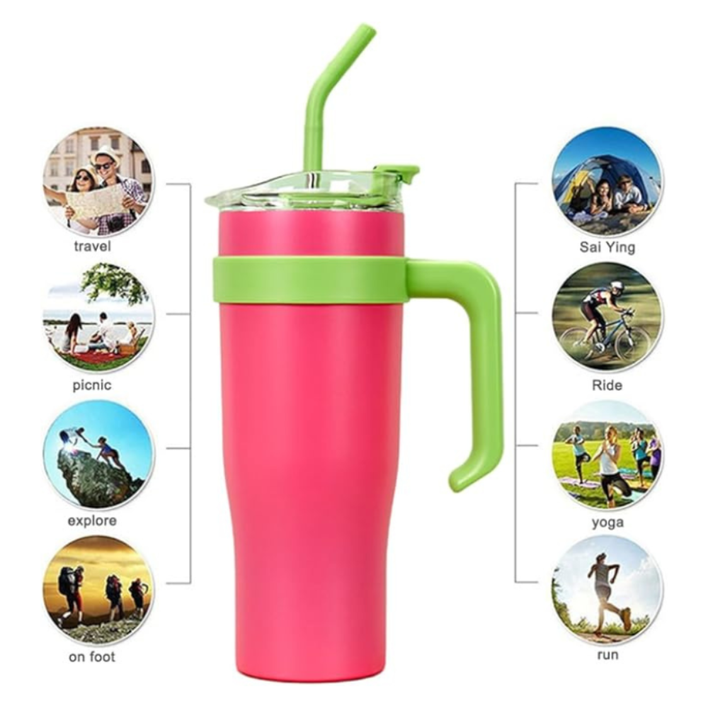 Mulberry Pink Insulated Tumbler with Handle & Straw 1.18L – Cute Sticker Travel Cup for Iced Coffee, Water & Smoothies
