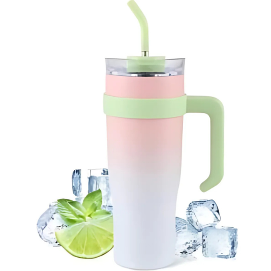 Baby Pink Insulated Tumbler with Handle & Straw 1.18L – Cute Sticker Travel Cup for Iced Coffee, Water & Smoothies