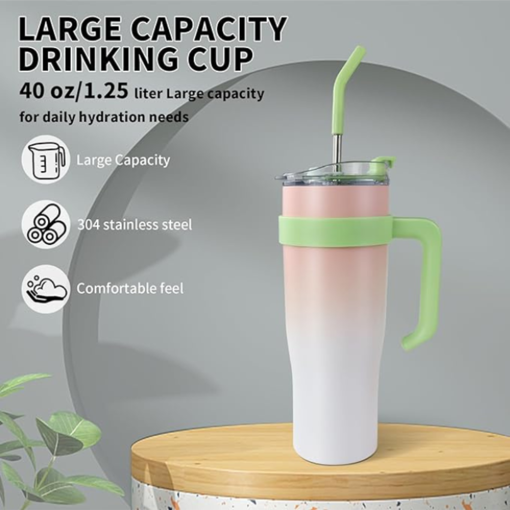 Baby Pink Insulated Tumbler with Handle & Straw 1.18L – Cute Sticker Travel Cup for Iced Coffee, Water & Smoothies