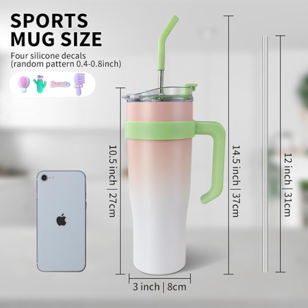 Baby Pink Insulated Tumbler with Handle & Straw 1.18L – Cute Sticker Travel Cup for Iced Coffee, Water & Smoothies