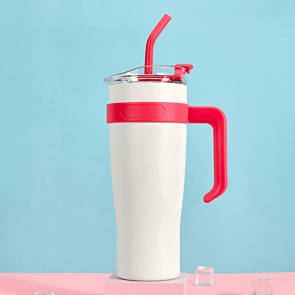 White & Red Insulated Tumbler 1.18L with Handle & Straw – Cute Sticker Large Travel Cup for Iced Coffee, Water & Smoothies