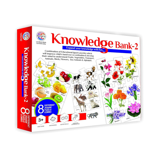 Knowledge Bank 2 Educational Puzzle Set – 8 Different Jigsaw Puzzle Combo with Fruits, Animals, Flowers, Transport and Learning Cards for Kids