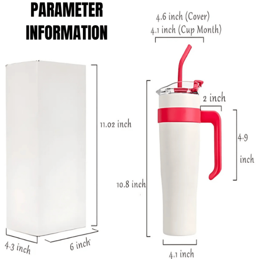 White & Red Insulated Tumbler 1.18L with Handle & Straw – Cute Sticker Large Travel Cup for Iced Coffee, Water & Smoothies