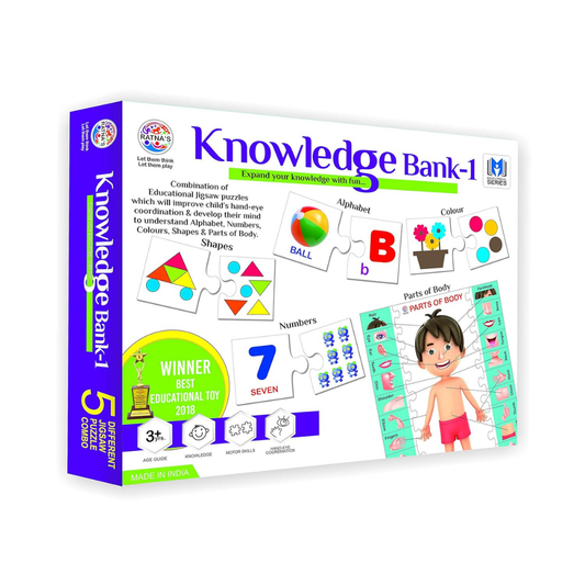 Knowledge Bank 1 Educational Puzzle Set – 5 Different Jigsaw Puzzle Combo with Alphabet, Numbers, Shapes, Colors and Body Parts for Kids