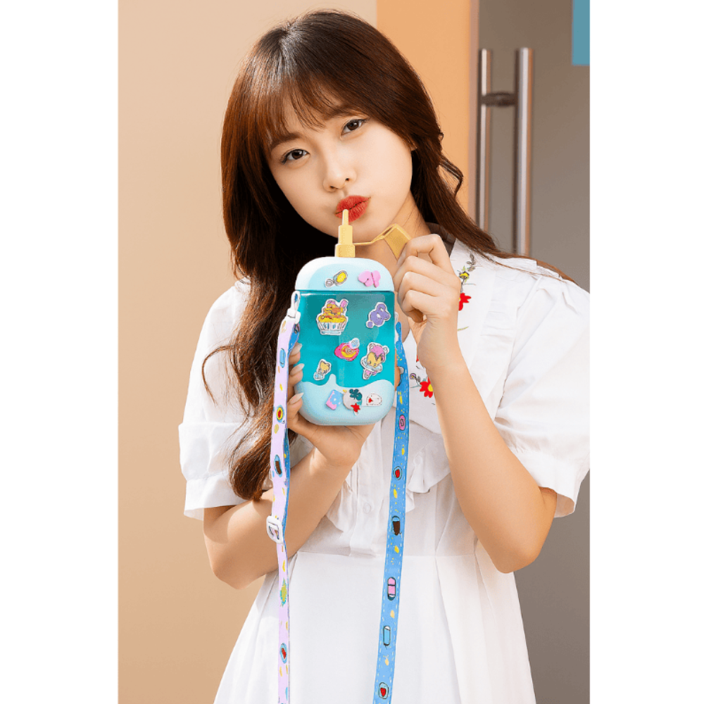 Ice Cream Kids Water Bottle with Straw And Belt 400ml | Cute Cartoon Leakproof Bottle for School, Travel & Outdoor