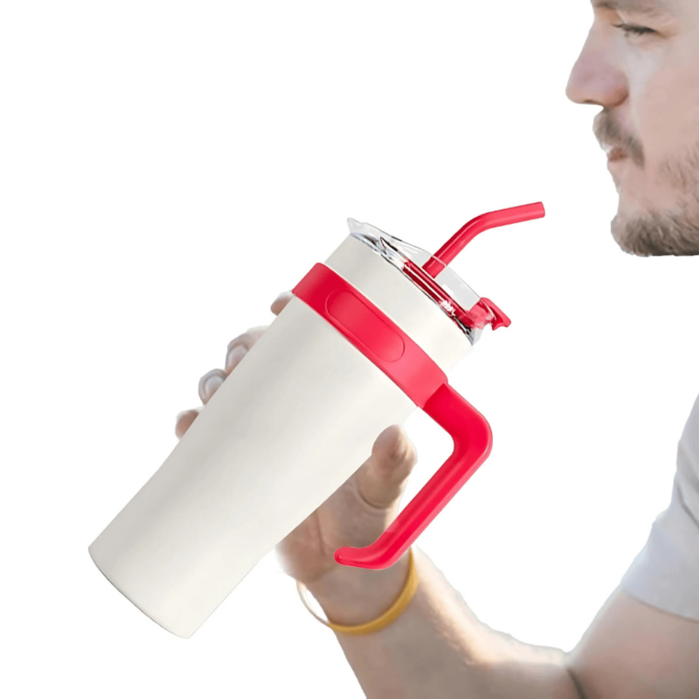 White & Red Insulated Tumbler 1.18L with Handle & Straw – Cute Sticker Large Travel Cup for Iced Coffee, Water & Smoothies