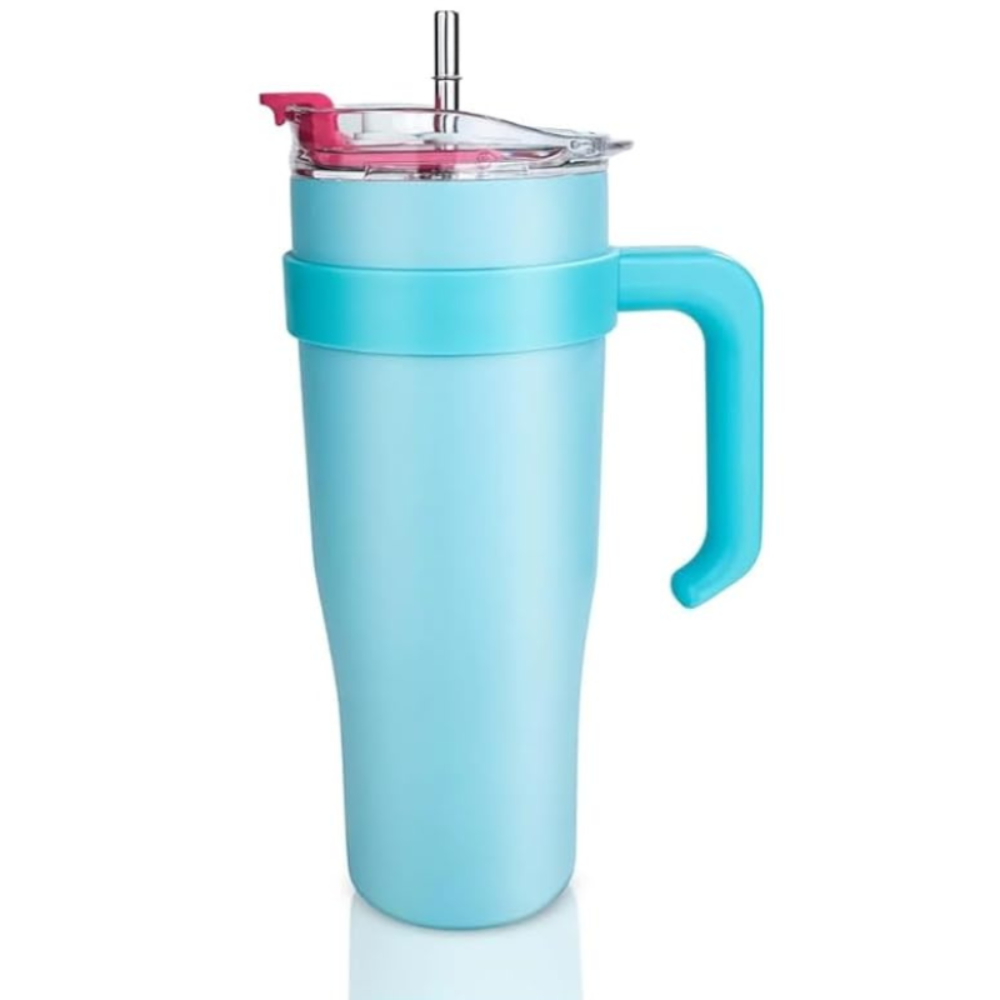 Lake Blue Insulated Tumbler With Sticker 1.18L with Handle & Straw – Cute Sticker Large Travel Cup for Iced Coffee, Water & Smoothies
