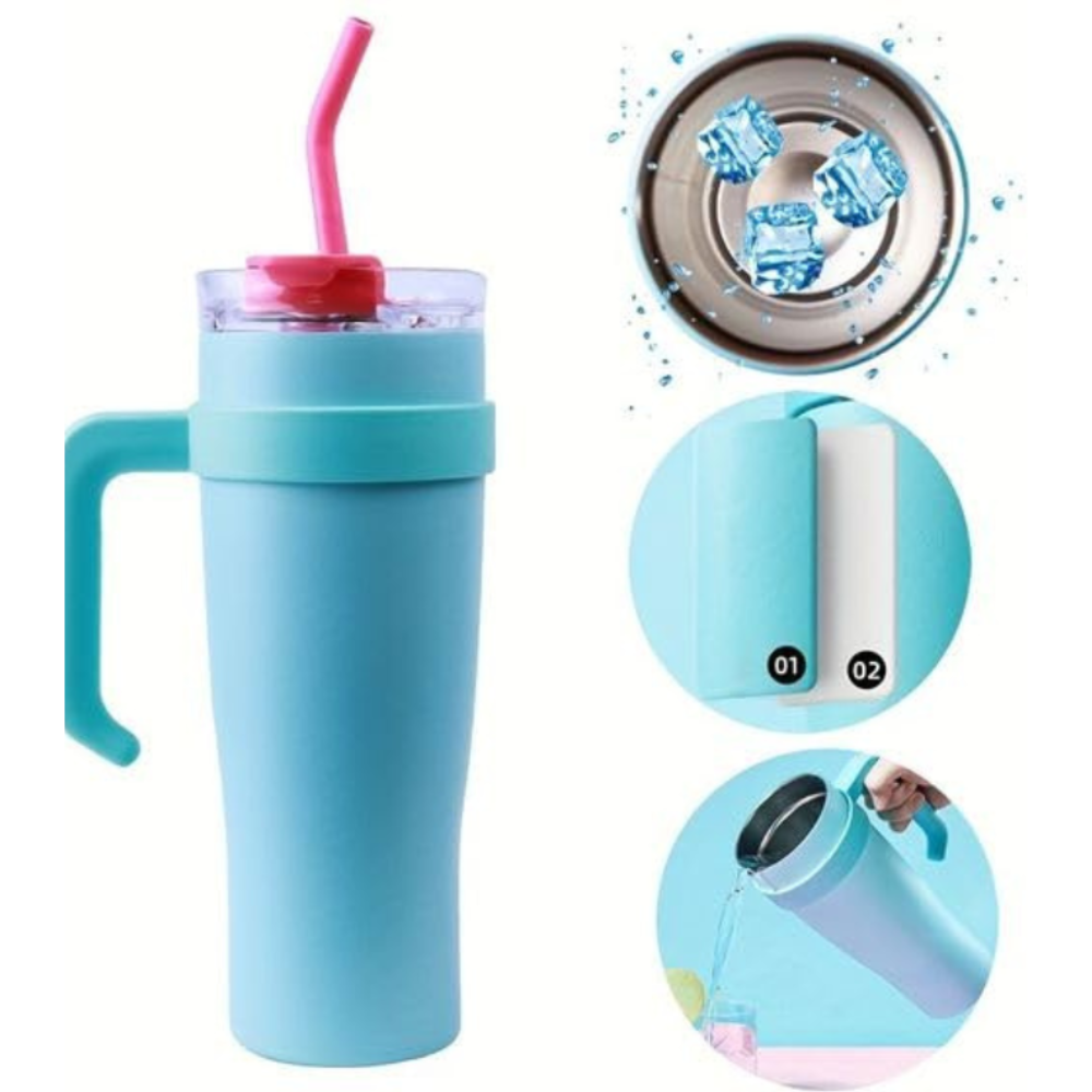 Lake Blue Insulated Tumbler With Sticker 1.18L with Handle & Straw – Cute Sticker Large Travel Cup for Iced Coffee, Water & Smoothies