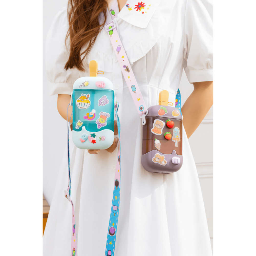 Ice Cream Kids Water Bottle with Straw And Belt 400ml | Cute Cartoon Leakproof Bottle for School, Travel & Outdoor