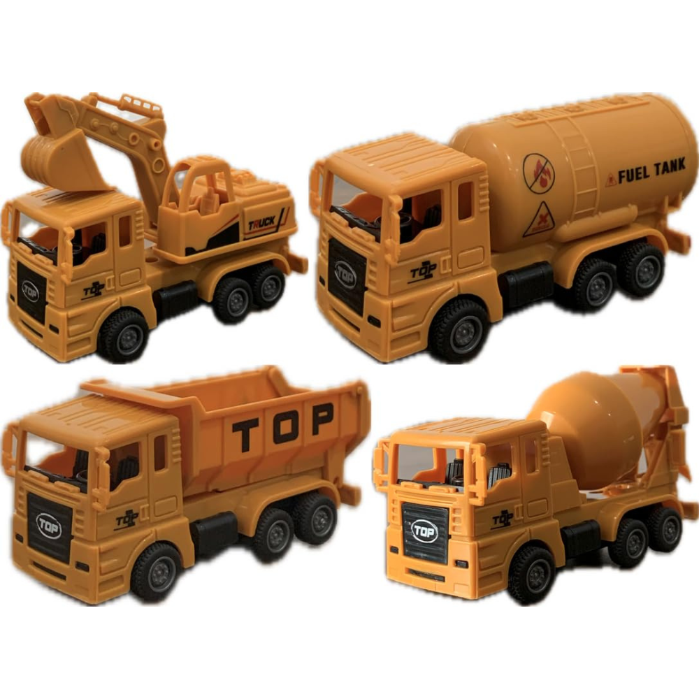 Engineering Pull Back Construction Truck Toy Set – Mini Excavator, Dump Truck, Cement Mixer & Fuel Tanker Vehicles for Kids 4PCS