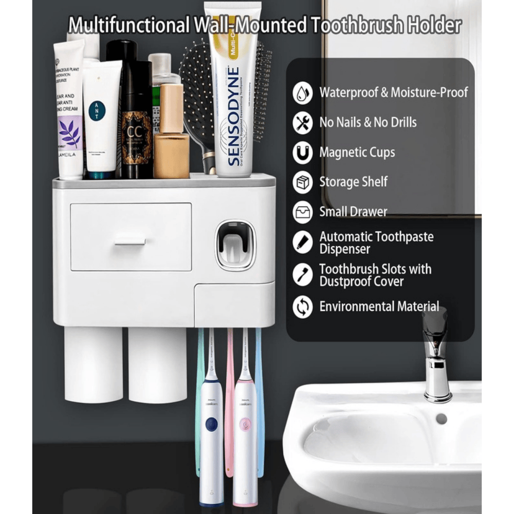 Toothbrush Holder with 2 Cups & Shelf