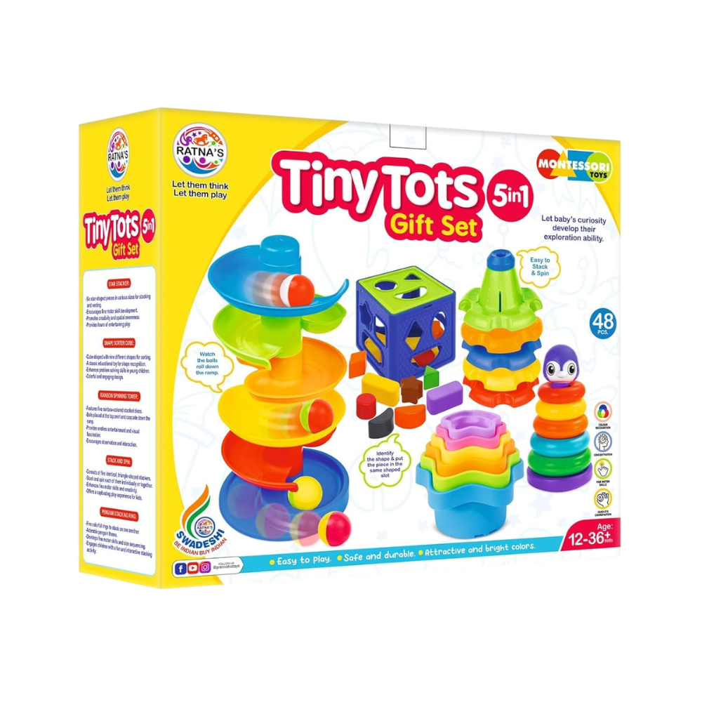 Tiny Tots 5 in 1 Gift Set for Babies – Montessori Learning Toy Combo with Ball Drop Tower, Shape Sorter, Stacking Rings and Activity Toys for Toddlers